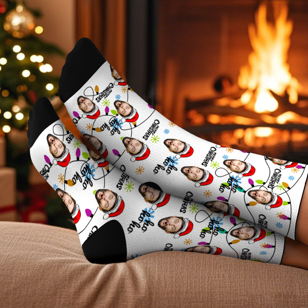 Custom Lantern Merry Christmas Face Multicolor Socks Personalized Christmas Photo Socks Fun Gift for Family & Couples - GetPhotoSocksUk
