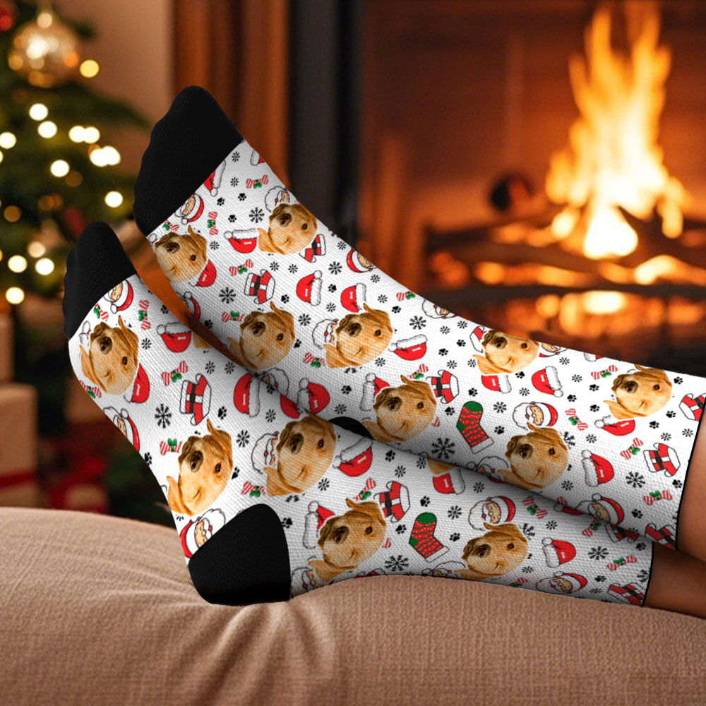 Custom Face Socks Christmas Lights Multicolor Socks Personalized Christmas Photo Socks Funny Holiday Gift for Family & Friends - GetPhotoSocksUk