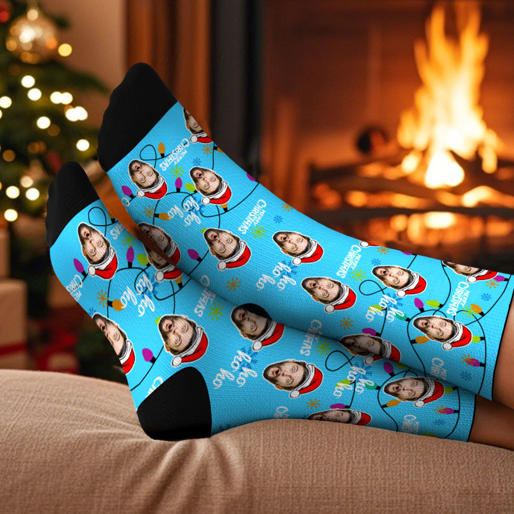 Custom Lantern Merry Christmas Face Multicolor Socks Personalized Christmas Photo Socks Fun Gift for Family & Couples - GetPhotoSocksUk