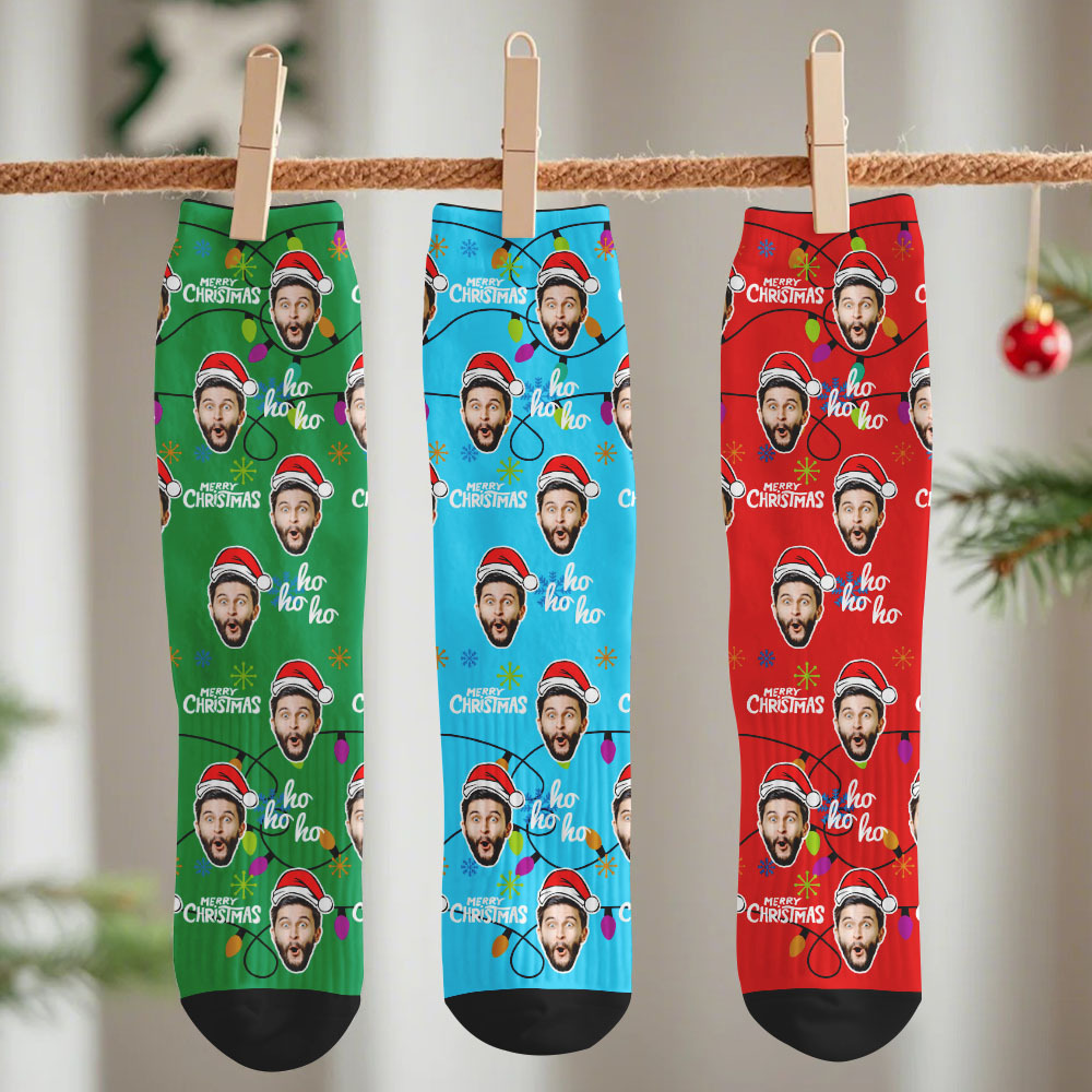 Custom Lantern Merry Christmas Face Multicolor Socks Personalized Christmas Photo Socks Fun Gift for Family & Couples - GetPhotoSocksUk