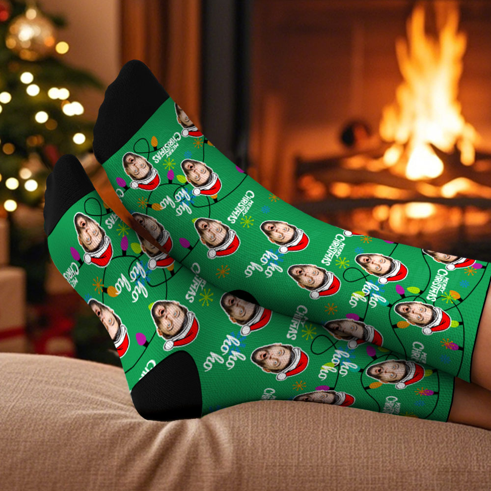 Custom Lantern Merry Christmas Face Multicolor Socks Personalized Christmas Photo Socks Fun Gift for Family & Couples - GetPhotoSocksUk