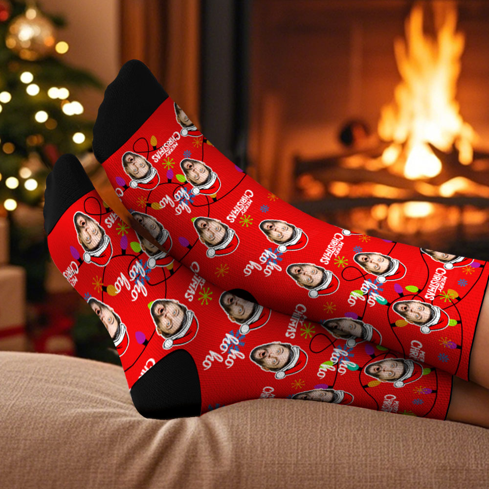 Custom Lantern Merry Christmas Face Multicolor Socks Personalized Christmas Photo Socks Fun Gift for Family & Couples - GetPhotoSocksUk