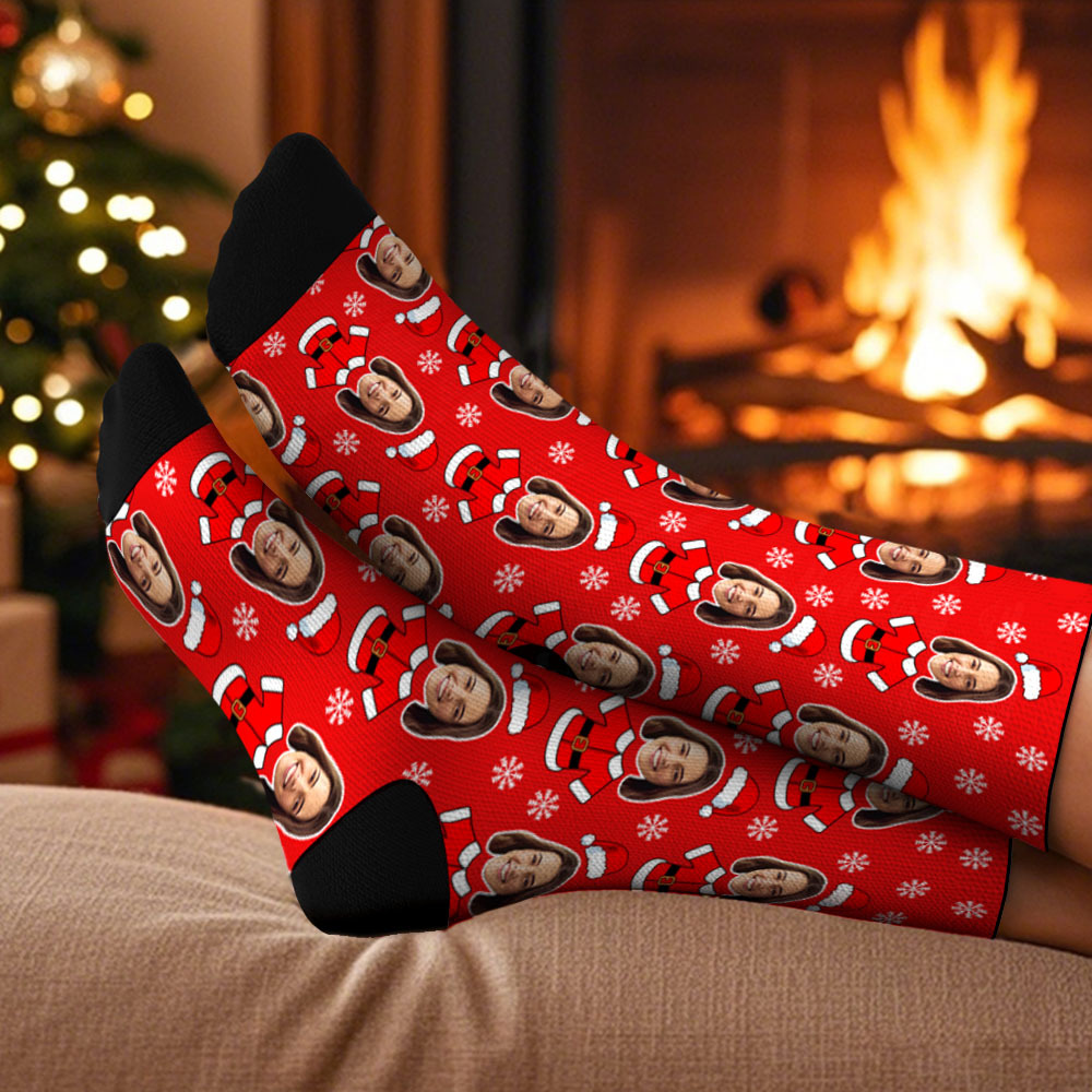 Custom Face Socks Christmas Lights Multicolor Socks Personalized Christmas Photo Socks Funny Holiday Gift for Family & Friends - GetPhotoSocksUk