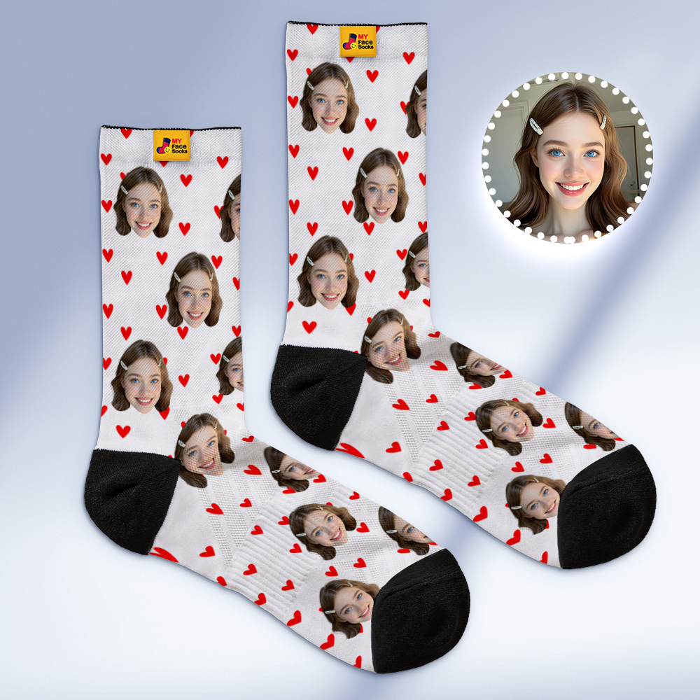 Custom Heart Face Socks Personalized White Socks with Faces Photo Funny Gift Photo Couple Family Socks - GetPhotoSocksUk