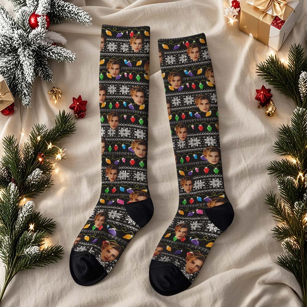 Custom Christmas Gifts Face Knee High Socks Personalized Vintage Warm Socks Merry Christmas for Lover - GetPhotoSocksUk