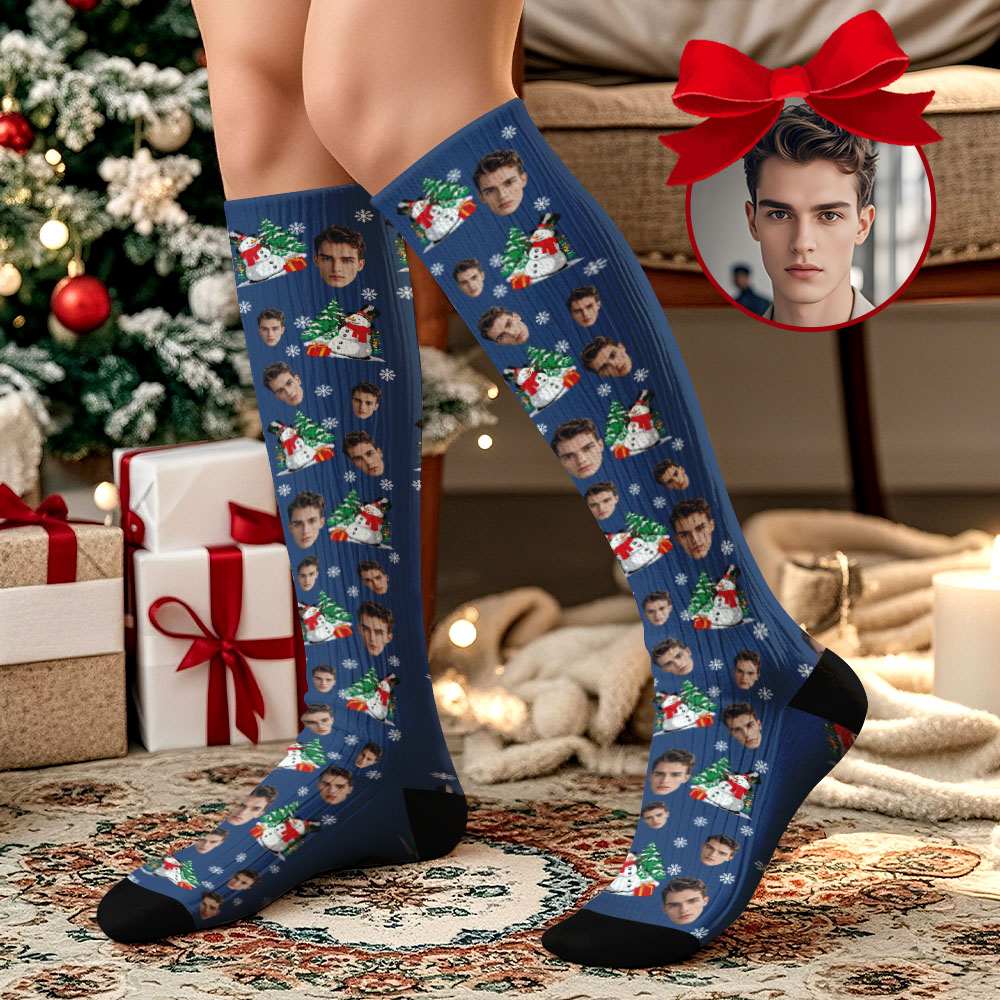 Custom Face Knee High Socks Vintage Socks Merry Christmas for Lover Christmas Gifts