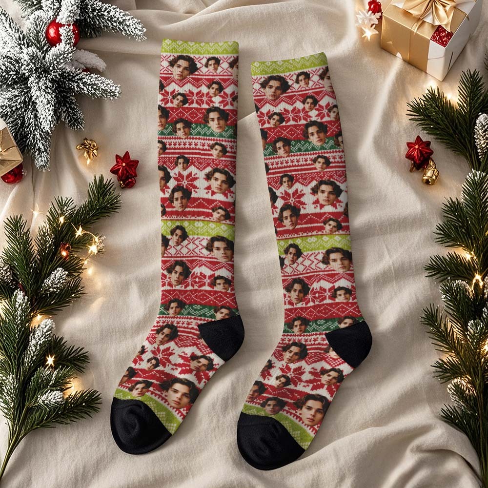 Custom Christmas Gifts Face Knee High Socks Personalized Vintage Warm Socks Merry Christmas for Lover - GetPhotoSocksUk