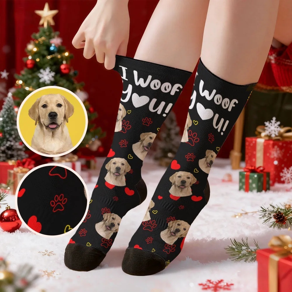 Personalized Pet Dog Theme Socks Christmas Socks Custom I Woof You Socks Pet Lover Santa Socks Gift - GetPhotoSocksUk