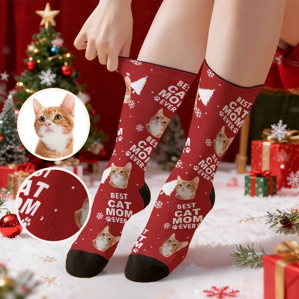 Personalized Pet Cat Theme Socks Christmas Socks Custom Best Cat Mom Socks Pet Lover Santa Socks Gift - GetPhotoSocksUk