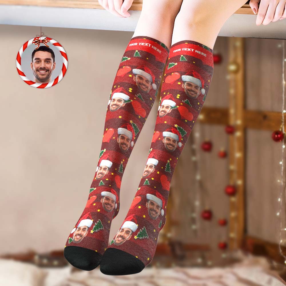 Custom Knee High Socks Personalized Face Christmas Socks Red Love -