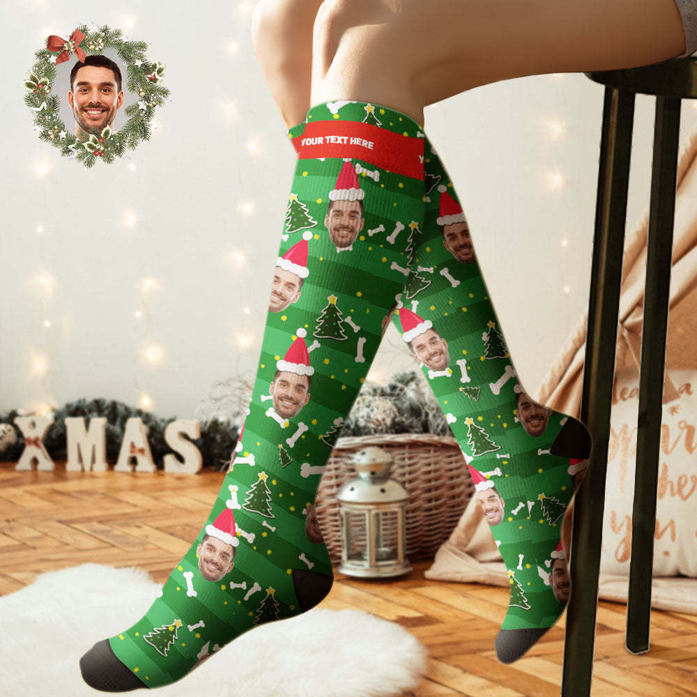 Custom Knee High Socks Personalized Face Christmas Socks Christmas Tree -