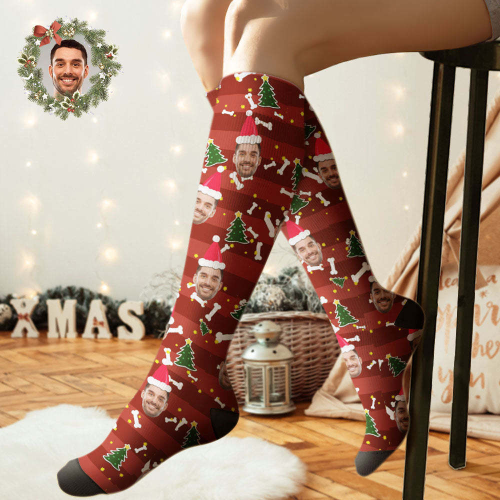 Custom Knee High Socks Personalized Face Christmas Socks Christmas Tree -