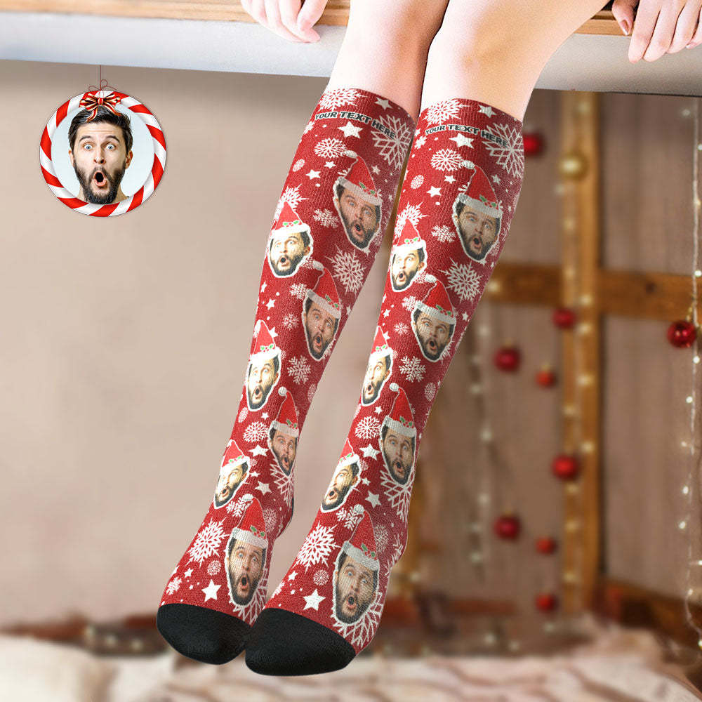 Custom Knee High Socks Personalized Face Christmas Socks Snowflake -