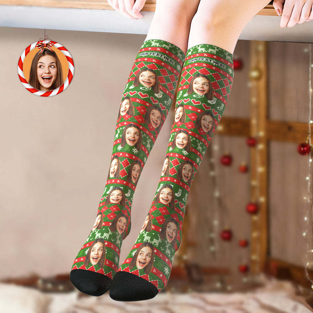 Custom Knee High Socks Personalized Face Christmas Socks Special Lines Add Pictrues -