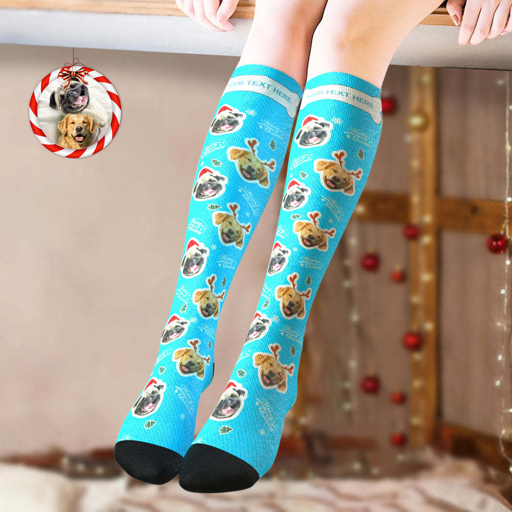 Custom Knee High Socks Personalized Face Socks Merry Christmas Dog Face for Pet Lover -