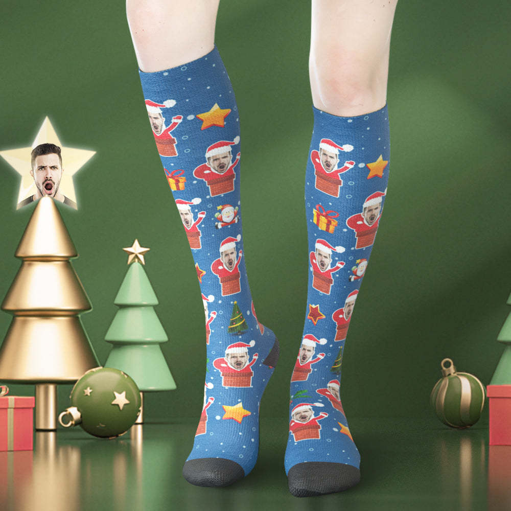 Custom Face Knee High Socks - Santa Stuck In Chimney -