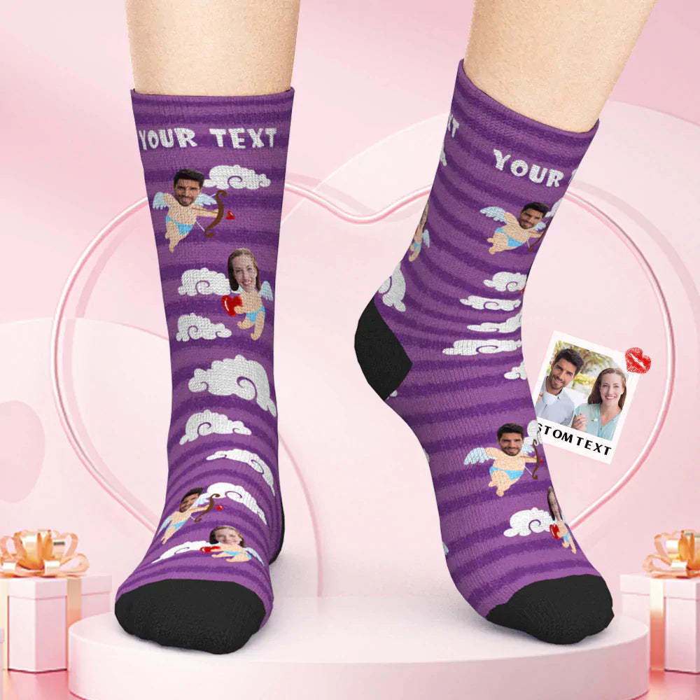Custom Face Socks Angels in Purple Sky - Couple Face Socks Valentine's Day Gift -