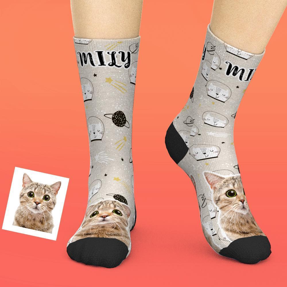 Custom Face Socks Add Pictures And Name - Cute Kitten Pattern Personalised Funny Socks