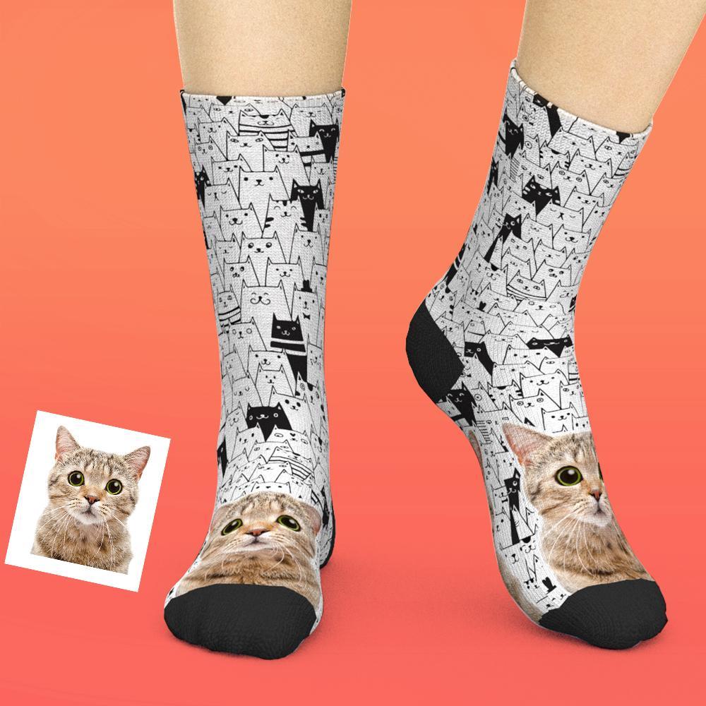 Custom Face Socks Add Pictures And Name - Cute Kitten Pattern Personalised Funny Socks