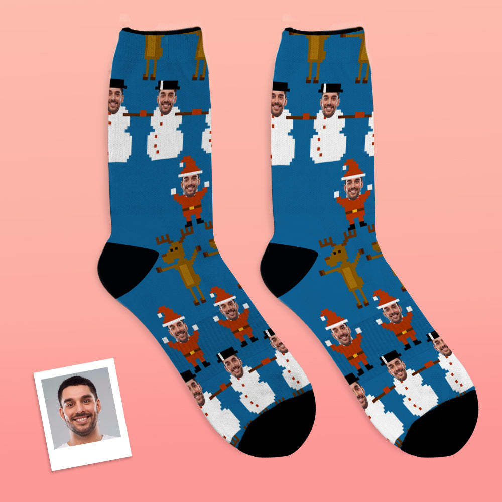 Custom Face Socks Breathable Photo Socks Christmas Pixel Pattern Socks