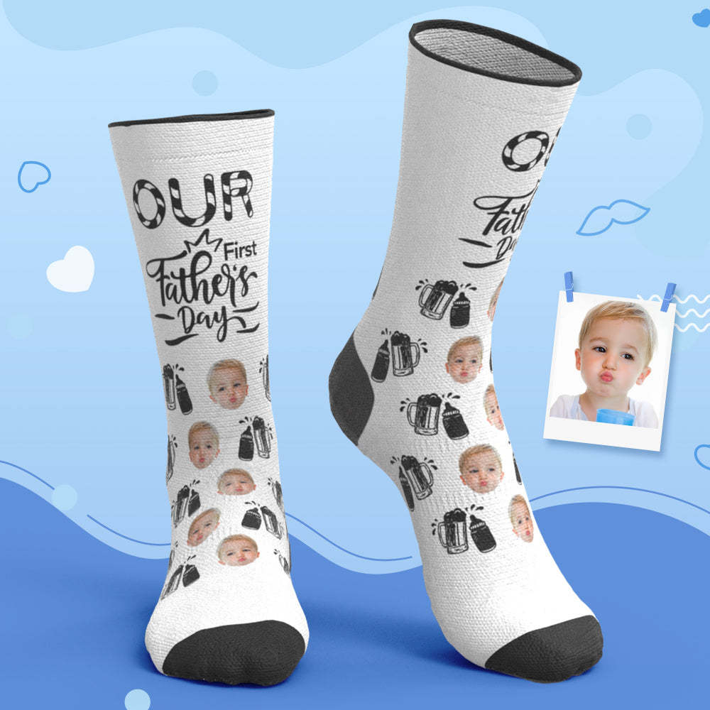Custom Breathable Face Socks Wine Glass Bottle Socks Our First Father's Day Gifts -