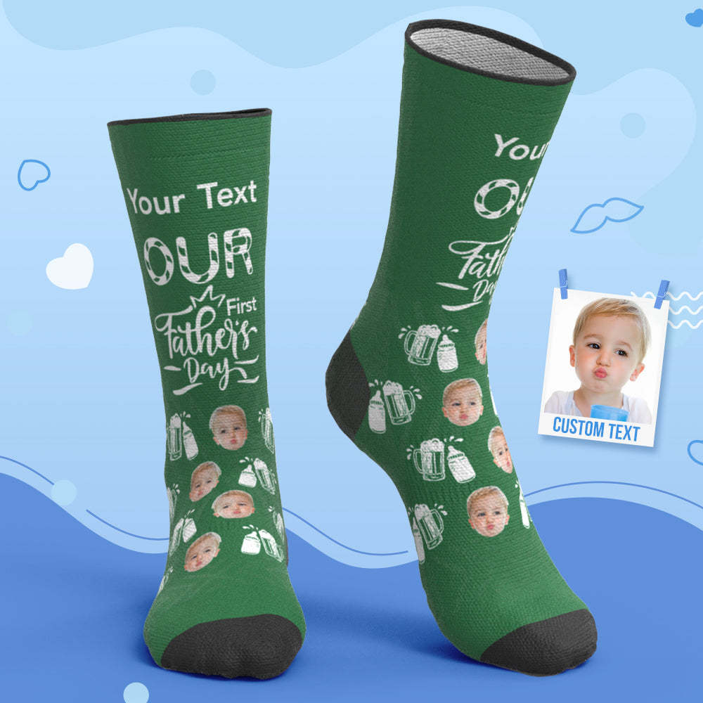 Custom Breathable Face Socks Wine Glass Bottle Socks Our First Father's Day Gifts -