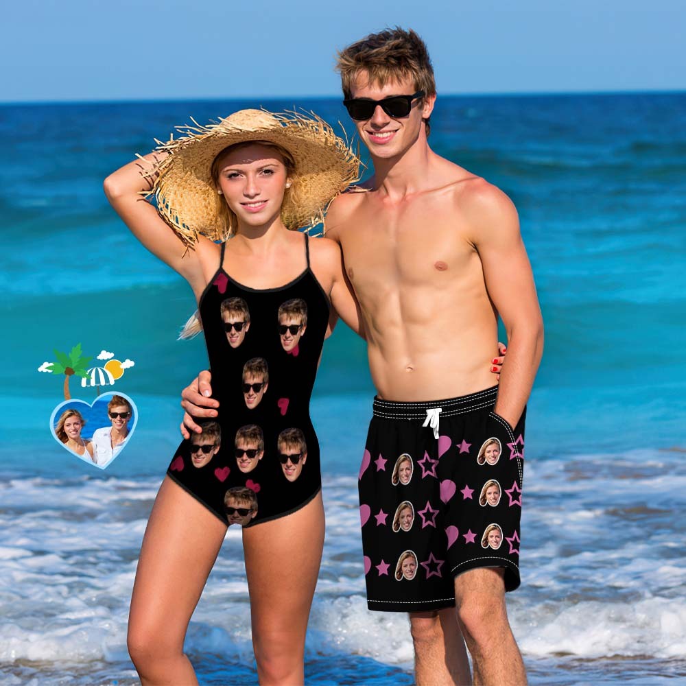 Custom Face Matching Couples Swimsuits Heart Couples Swimwear Gift for Lovers -