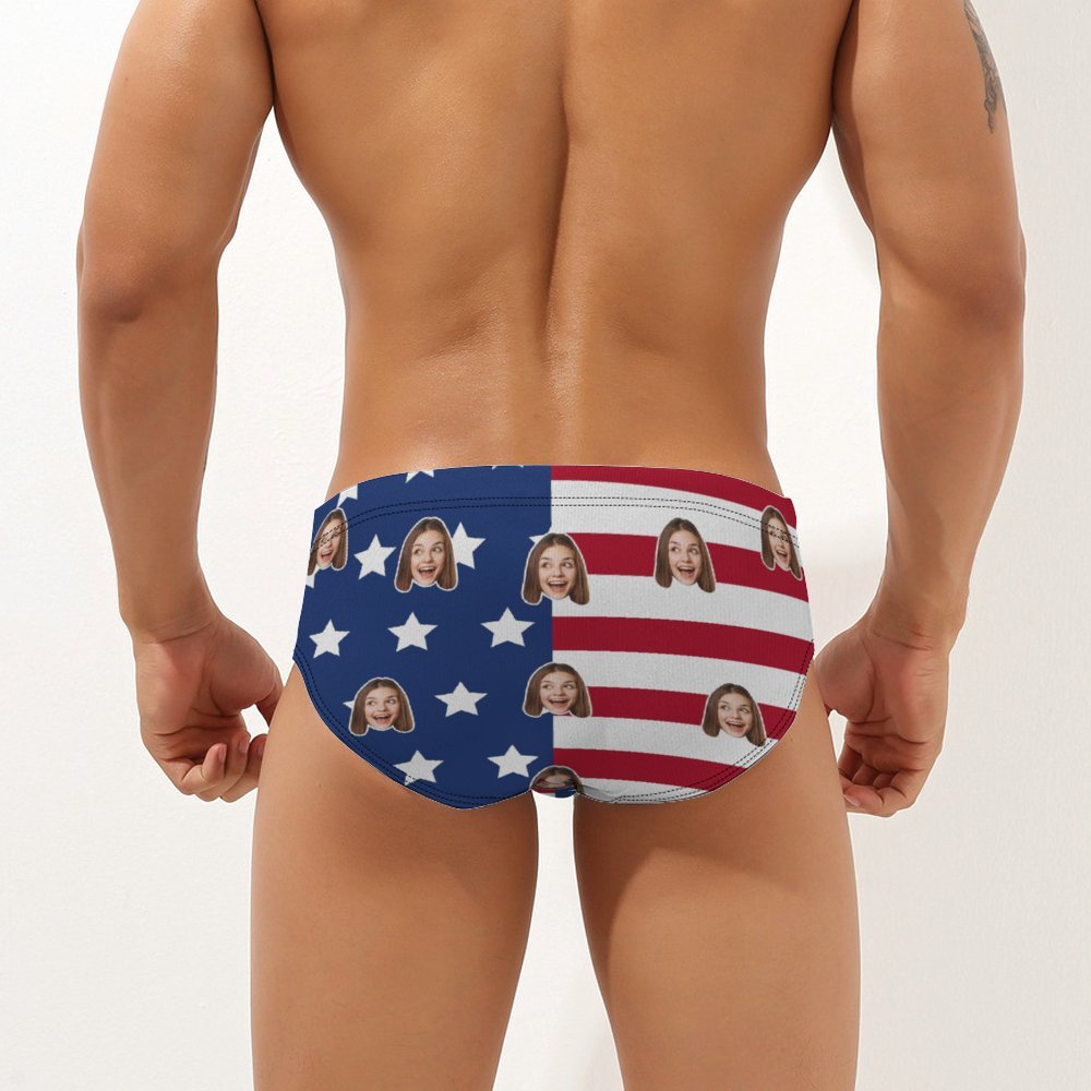 Custom Face Men's Swimming Trunks Personalized America Flag Triangle Swim Briefs -