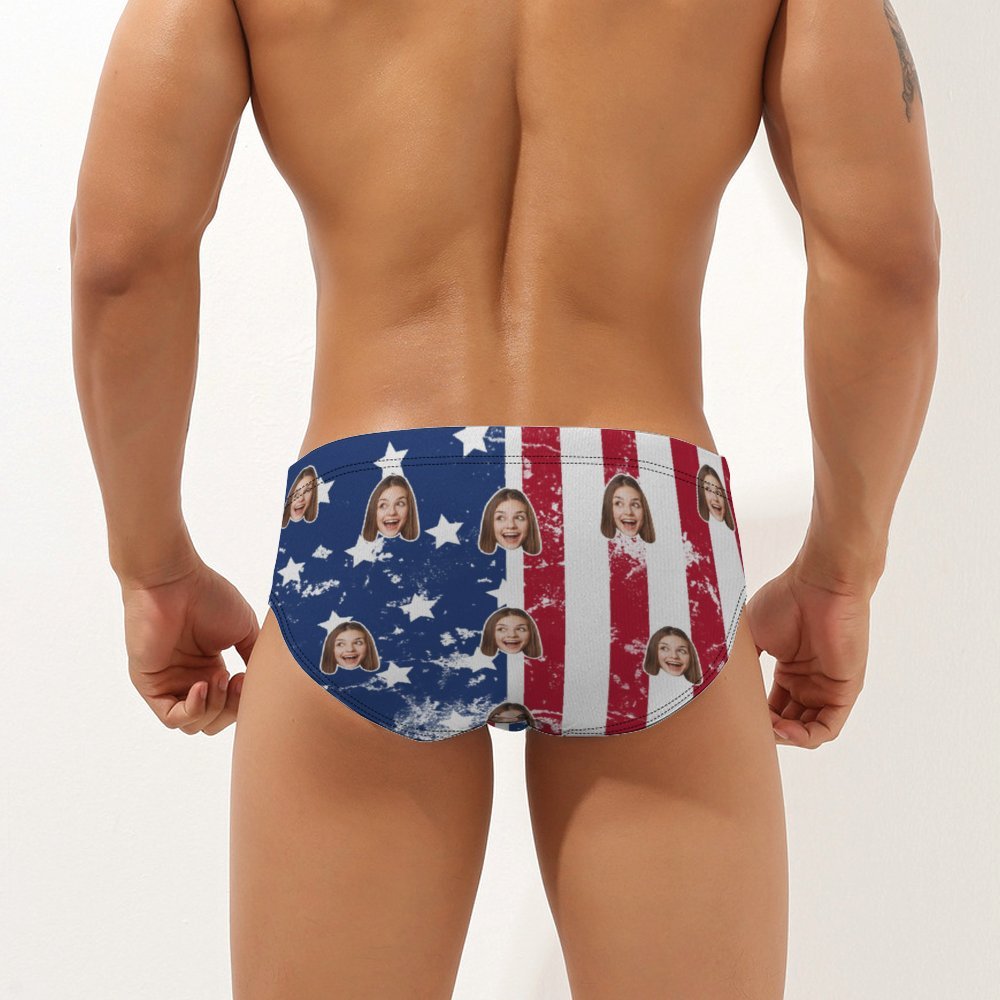 Custom Face Men's Swimming Trunks Personalized American Flag Pattern Triangle Swim Briefs -