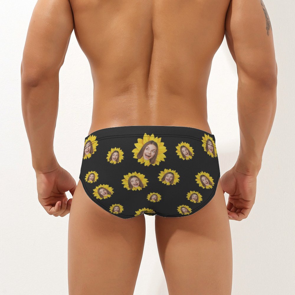 Custom Face Men's Swimming Trunks Personalized Sunflower Triangle Swim Briefs -