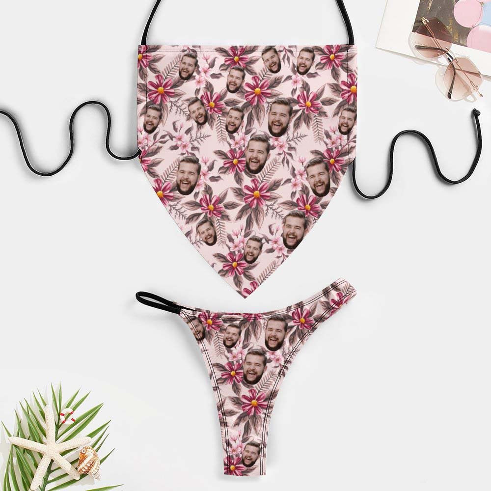 Custom Face Bikini Hawaiian Style Summer Floral Pink Bikini Swimwear -