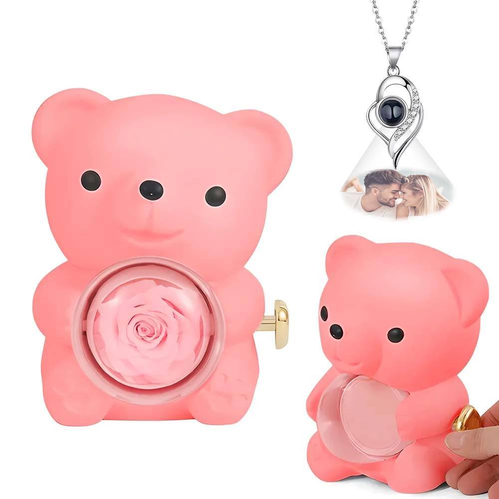 Custom Photo Projection Necklace with Real Rose Bear Gift box Rose Shaped Necklace Gift Box Jewellery Gift Box - soufeelus