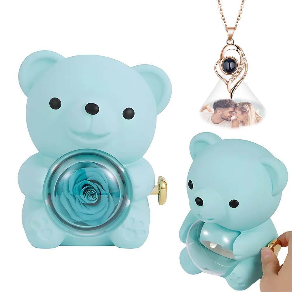 Custom Photo Projection Necklace with Real Rose Bear Gift box Rose Shaped Necklace Gift Box Jewellery Gift Box - soufeelus