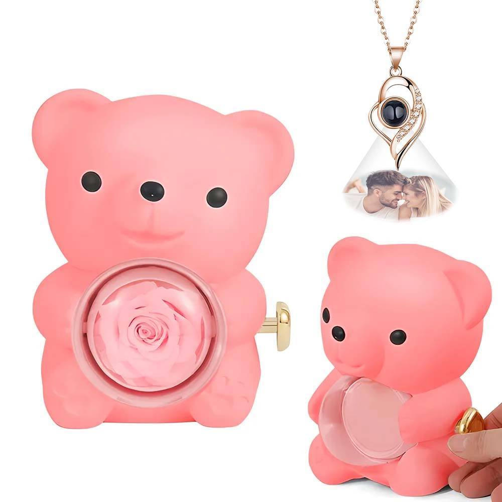 Custom Photo Projection Necklace with Real Rose Bear Gift box Rose Shaped Necklace Gift Box Jewellery Gift Box - soufeelus
