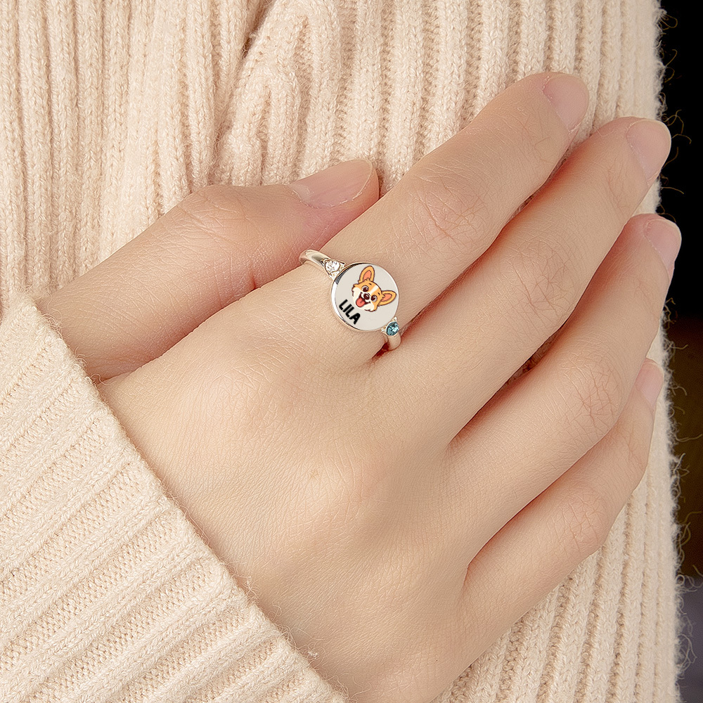 Custom Dog or Cat Ring with Birthstone, Custom Pet Portrait Photo Ring, Dog Cat Memorial Jewelry Gift For Pet Lover, Pet Remembrance, Gift for Her - GetPhotoSocksUk