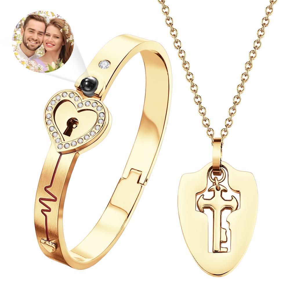 Custom Projection Shield Key Pendant Necklace and Lock Bracelet You Hold the Key to My Heart Gift - soufeelus