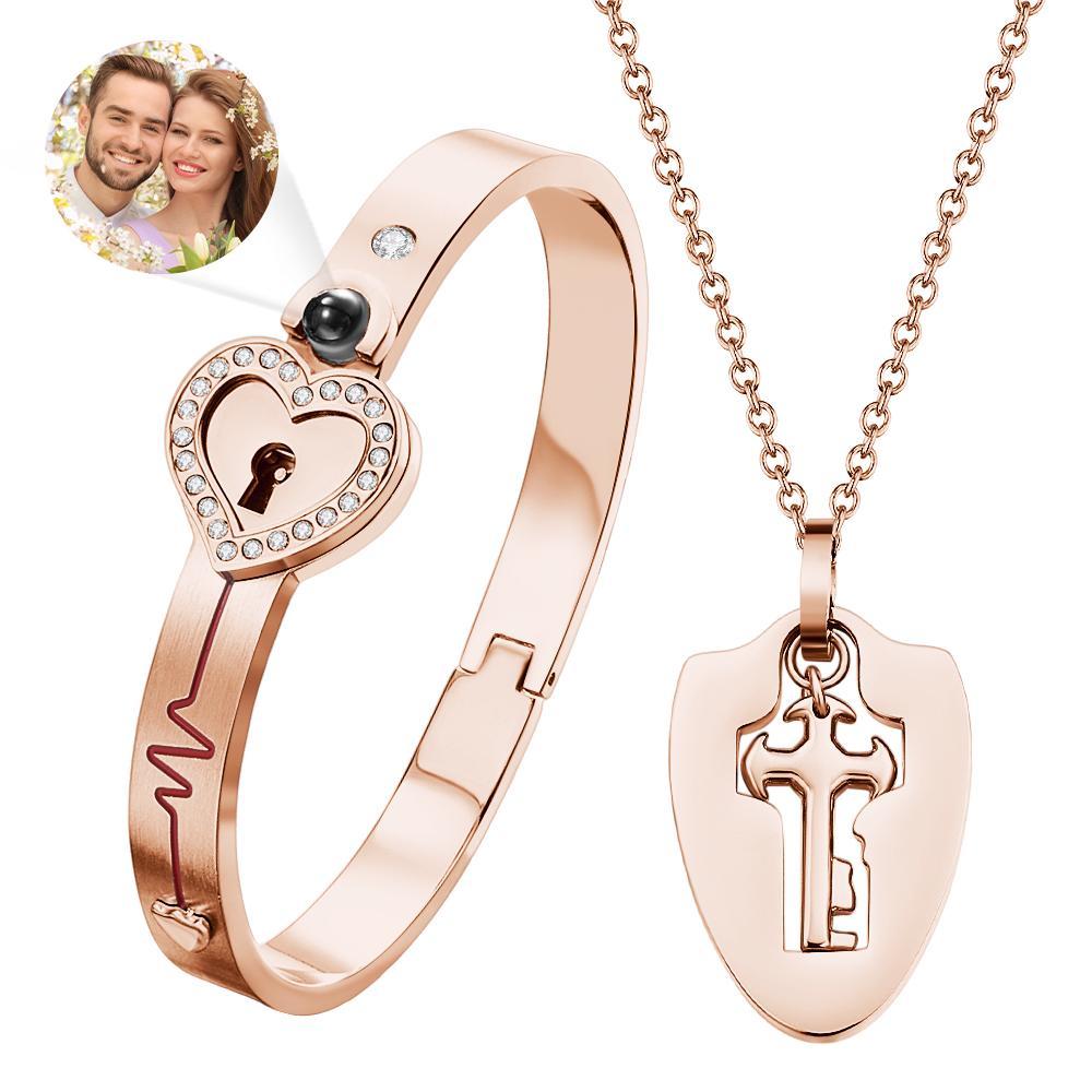 Custom Projection Shield Key Pendant Necklace and Lock Bracelet You Hold the Key to My Heart Gift - soufeelus