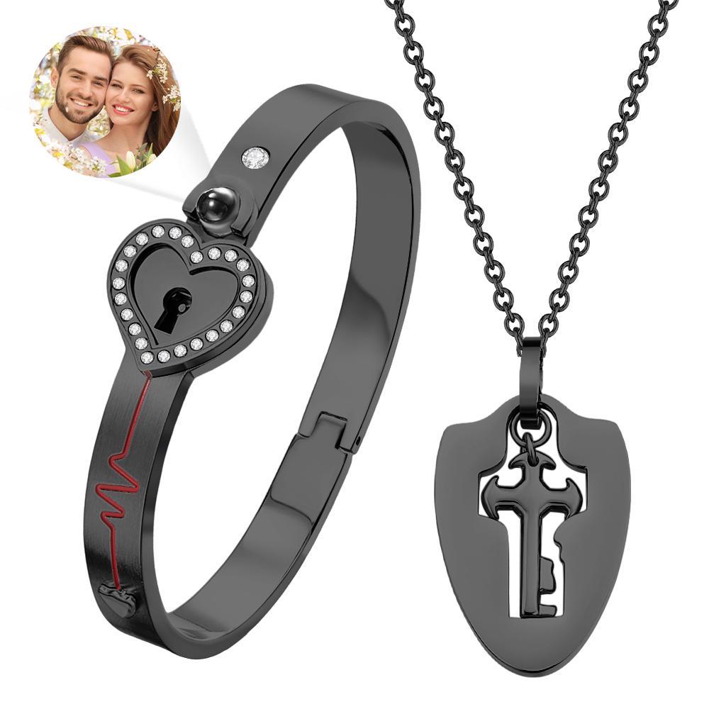 Custom Projection Shield Key Pendant Necklace and Lock Bracelet You Hold the Key to My Heart Gift - soufeelus
