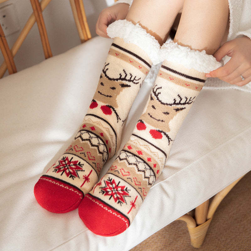 Christmas Socks Plush Coral Fleece Winter Home Floor Socks Red Slipper Socks - Bell Elk -