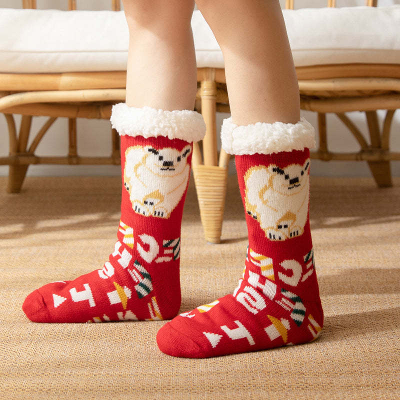 Christmas Socks Plush Coral Fleece Winter Home Floor Socks Red Slipper Socks - Polar Bear -