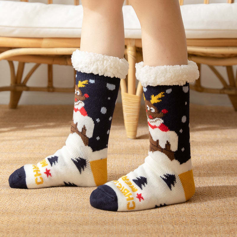 Christmas Socks Plush Coral Fleece Winter Home Floor Socks Navy Blue Slipper Socks - Elk -