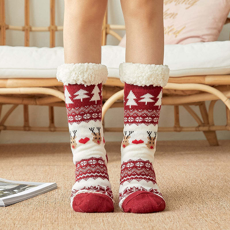 Christmas Socks Plush Coral Fleece Winter Home Floor Socks Wine Red Slipper Socks - Love Deer -