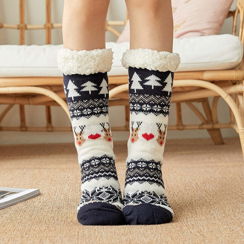 Christmas Socks Plush Coral Fleece Winter Home Floor Socks Navy Blue Slipper Socks - Love Deer -