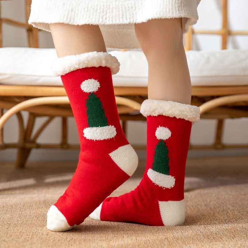 Christmas Socks Plush Coral Fleece Winter Home Floor Socks Red Slipper Socks - Santa Hat -