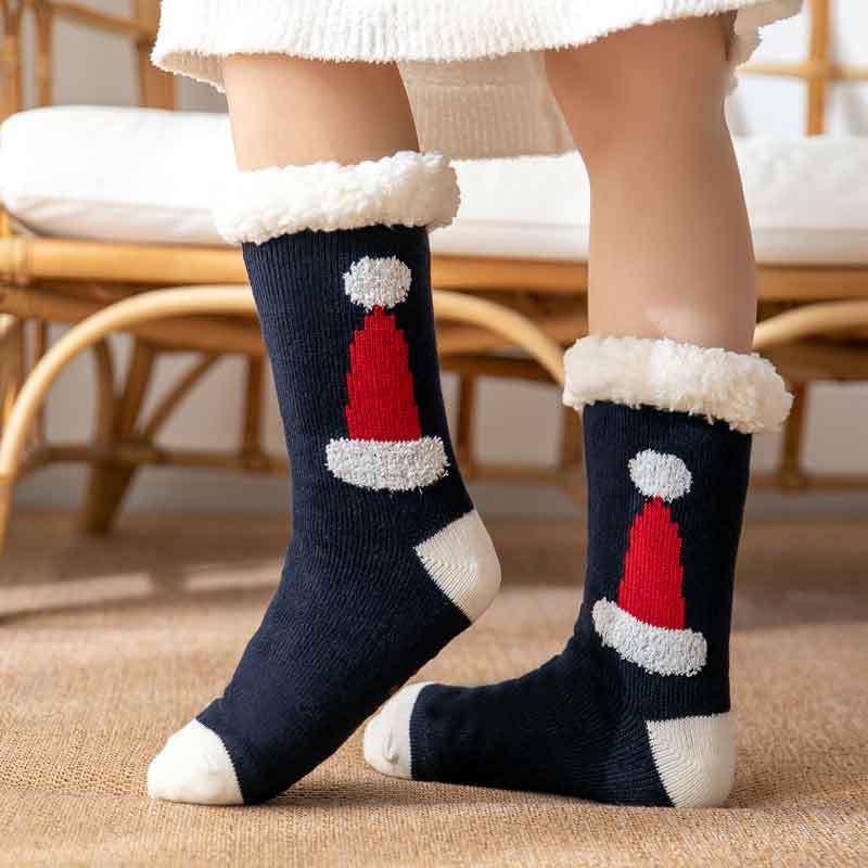 Christmas Socks Plush Coral Fleece Winter Home Floor Socks Navy Blue Slipper Socks - Christmas Hat -