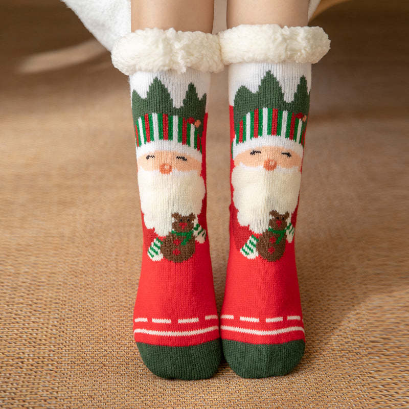 Christmas Socks Plush Coral Fleece Winter Home Floor Socks Red and Green Slipper Socks - Classic Santa Claus -