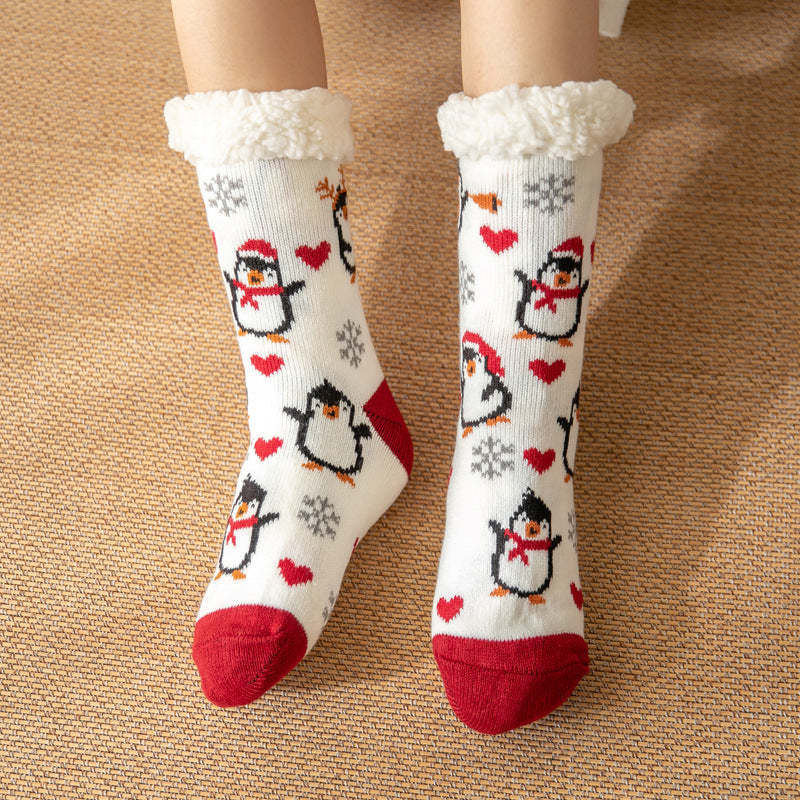 Christmas Socks Plush Coral Fleece Winter Home Floor Socks White Slipper Socks - Penguin -