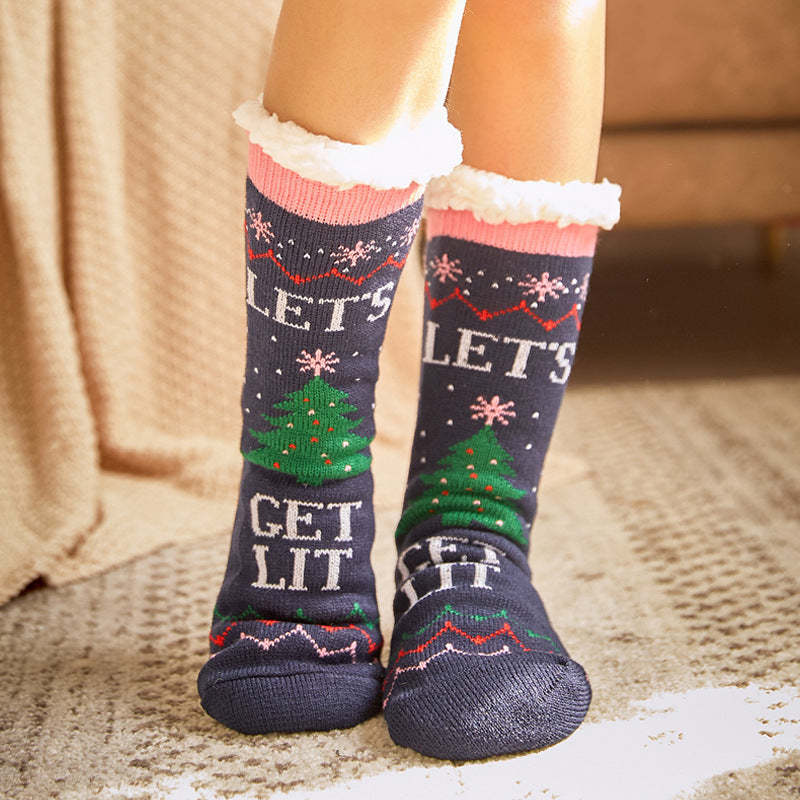 Christmas Socks Plush Coral Fleece Winter Home Floor Socks Blue Slipper Socks - Christmas Tree -