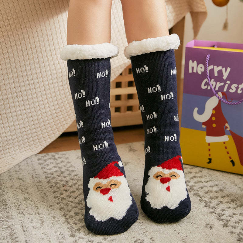 Christmas Socks Plush Coral Fleece Winter Home Floor Socks Navy Blue Slipper Socks - Santa Claus -