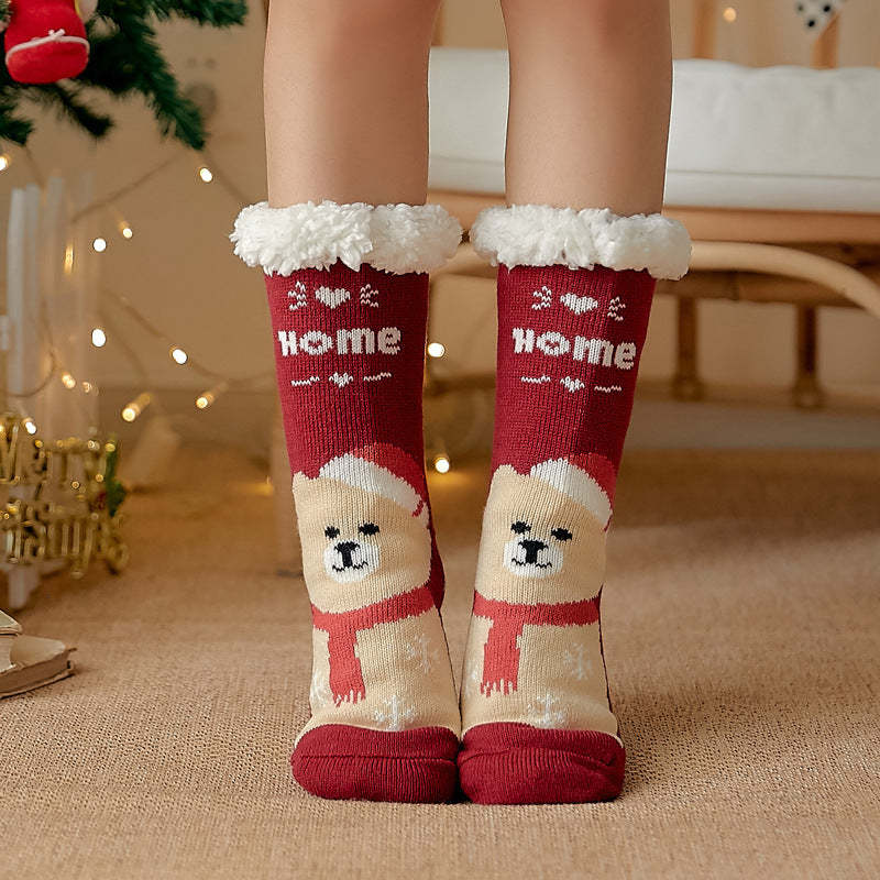 Christmas Socks Plush Coral Fleece Winter Home Floor Socks Red Slipper Socks - Scarf Bear -
